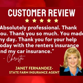 Call our office for a FREE Renters or Auto Insurance quote today!
Janet Fernandez - State Farm Insurance Agent