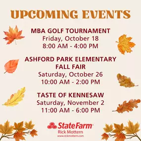 Join us at our upcoming events! ????✨
????️‍♂️ MBA Golf Tournament: Tee off with us on Friday, October 18, at City Club Marietta. Swing by our table from 8:00 am - 4:00 pm for some exciting surprises!
???? Ashford Park Elementary Fall Fair: Embrace the autumn vibes on Saturday, October 26, at 2968 Cravenridge Dr NE, Atlanta. From 10:00 am - 2:00 pm, come by our booth for a fun-filled day!
???? Taste of Kennesaw: Get your taste buds ready for a mouthwatering experience on Saturday, November 2, in