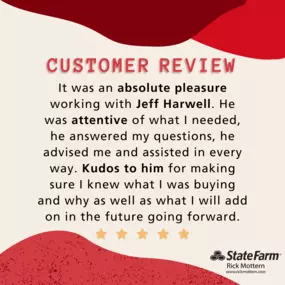 Exceptional service makes all the difference! A huge shoutout to Jeff for his attentive
guidance and support every step of the way! Looking for an agent who genuinel
cares about you? Give us a call today
6095 Pine Mountain Rd NW, Suite 101
Kennesaw, GA 30152
☎️ (770) 422-1818
4151 Ashford Dunwoody Rd NE, Ste 170
Brookhaven, GA 30319
☎️ (404) 477-1610
#customerreview #testimonialtuesday #testimonytuesday #customerlove
#exceptionalservice #rickmotternstatefarm #homeinsurance #goodneighbor #statefa