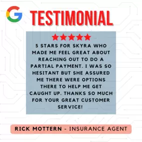 When you need support, Skyra is there to brighten your day! Thank you for going
above and beyond with your outstanding customer service!  Looking for an agent wh
genuinely cares about you? Give us a call today
6095 Pine Mountain Rd NW, Suite 101
Kennesaw, GA 30152
☎️ (770) 422-1818
4151 Ashford Dunwoody Rd NE, Ste 170
Brookhaven, GA 30319
☎️ (404) 477-1610
#customerreview #testimonialtuesday #testimonytuesday #customerlove
#exceptionalservice #rickmotternstatefarm #homeinsurance #goodneighbor #s