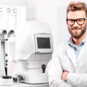 eye technician ready to give eye exam