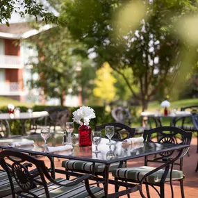 Outdoor patio seating at Hathaway's Restaurant.