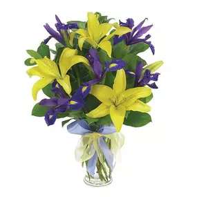 Lily & Iris Surprise - Open your eyes, take a peek and gaze in wonder at this revelation in floral mastery featuring iris and Asiatic lilies complemented by salal tips and sheer ribbon accents in a clear fluted vase.