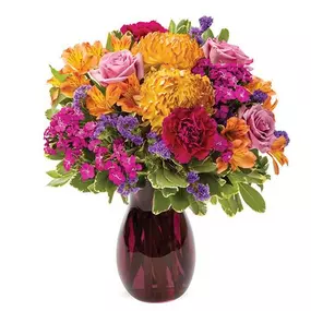 How many different ways can you say WOW? Multiple shades of intense color define this incredible bouquet featuring football mums, roses, carnations, statice, dianthus and alstroemeria blended harmoniously in a lovely purple vase.