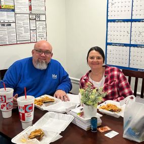 Celebratory Friday lunch! Today is Aaron’s 1 year anniversary with the office! Also, Carey finished her state insurance licensing yesterday!