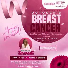 Please join Cynthia Means. -State Farm Insurance Agency October 12th for our Breast Cancer party with purpose!