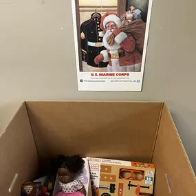 Our Toys for Tots gift box is filling up! The box will be picked up on Tuesday November 20th so please make your donation soon! Thank you to all who have graciously donated.