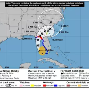 Tropical Storm Debbie could potentially bring significant rain to our area next week. Make preparations now! Some estimates calling for 10 to 20 inches of rain. Be careful and stay safe!