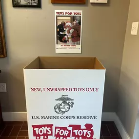 It’s starting to look a lot like Christmas! Well, maybe not, it’s 85 degrees today. But our Toys for Tots box is in! You can drop off your unwrapped toys at our office during normal business hours. Thank you for your help and generosity!