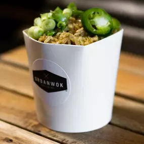 Urban Wok's signature fried rice! Jalapenos, red onions, minced garlic and mixed in our signature garlic, ginger and tamari sauce with jalapeno green hot sauce.