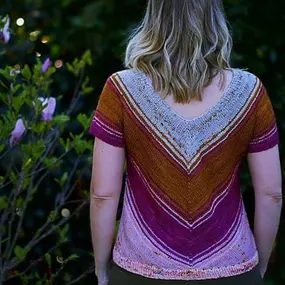 The V Back Tee DK is our 2nd 4 in 12 sweater for 2023. 

It's a cute little tee with a v neck on one side and a crew neck on the other. Wear it with the v in front or back. Your choice!
You can choose to work the sweater with 5 colors or just 1. That is up to you too!

Knit it out of wool, a wool blend, or cotton blend. That is up to you too...

SO MANY DECISIONS!!