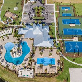 Aerial view of amenity center at new construction community in Tampa, Waterset by Pulte Homes.