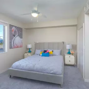Bedroom with Cieling Fan at Icon One Daytona in Daytona Beach, FL