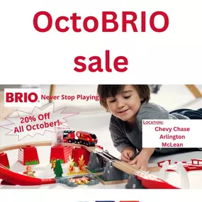 All aboard! OctoBRIO is here! For the month of October, all BRIO is 20% off at all three of our stores. Come on in and check out all the planes, trains, and automobiles.