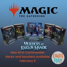 Attention, Magic: The Gathering players! Murders at Karlov Manor is available now! This set is murder mystery-themed, with nods to Clue™ ???? ???? Unravel the mystery with new Commander decks and boosters. Don't forget to stop by and test your skills at our Magic Mondays from 4:30-6pm!