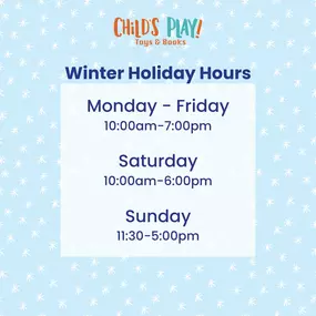 It's that time of year again! Our holiday hours are back from December 12-23. Stop by for lots of holiday fun!

Monday - Friday
10:00am-7:00pm

Saturday
10:00am-6:00pm

Sunday
11:00am-5:30pm

#itsagreatdayatchildsplay #independenttoystore