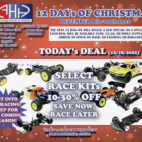 On the Eleventh day of Christmas my true love gave to me, Eleven RC Race Kits, Ten Dromida 18th scale, Nine  Model Trains, Eight Carbon Cub, Seven Axial Capra, Six ECX mini cars, Five Revell Blackbirds, Four Corally Radix, Three Estes Rockets, Two Axial Deadbolts, and an ECX under the tree!