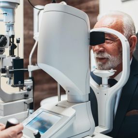 Bearded man receiving an eye exam.
