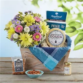 Farm to Table Gift Basket EXCLUSIVE We’ve put together the perfect all-in-one gift for a picnic with friends! Inspired by the farm-to-table trend, our nostalgic white wash reusable container is packed with savory gourmet essentials just waiting to be enjoyed.