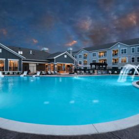 A large swimming pool at night