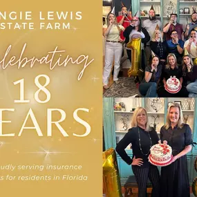 Celebrating EIGHTEEN YEARS of Angie Lewis State Farm!
Today is always a special day for us as we are reminded of the support and love we have received from our community over the past 18 years. To our customers, thank you from the bottom of our hearts for your continued trust in us to protect you and your family! It is a big deal and we don’t take it lightly. Our team truly lives by our core values: Kindness, Respect, Dependability, Service, Compliance, Joy and Generosity. We hope every person w