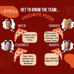 Get to know the Nick DeVries State Farm Agency Team - part one: Pizza edition!

Here’s our go-to pizza orders, what’s yours?!

Stop by our office or give us a call at 651-454-2374 for free quotes for your insurance needs!