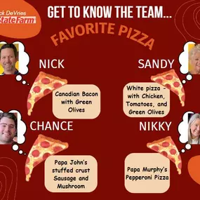 Get to know the Nick DeVries State Farm Agency Team - part one: Pizza edition!

Here’s our go-to pizza orders, what’s yours?!

Stop by our office or give us a call at 651-454-2374 for free quotes for your insurance needs!