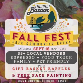 We are PUMPED for this year’s Tacoma Bazaar Fall Fest vendor lineup. ????
WHAT: Community street market
WHEN: Sat, Sept 16, 11AM-3PM
WHERE: 3025 S Union Ave, Tacoma
WHAT TO EXPECT ????????
???? Free parking
???? Free face painting
☕️ Free espresso and music 
???? Food Truck
????️ 35 women-owned local businesses
✨ Permanent jewelry 
???? Multi-vendor gift basket raffles
???? A lot of cute dogs probably
???? and FUN for the whole family!
We’ve got our chunky knit sweater and PSL queued up, LETS DO