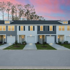 Row of six townhomes in the DRB Homes Boykins Run community