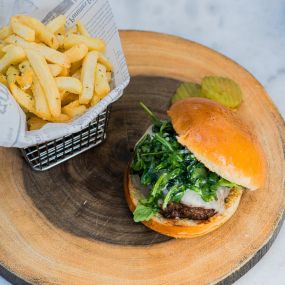 The Hardel Burger and fries lunch at the Westgate Room.