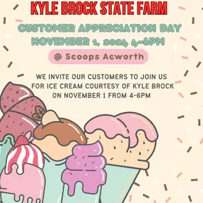 We invite our customers to join us for ice cream courtesy of Kyle! Bring your current ID Card or get cones for quotes! We look forward to spending time with our customers in person.