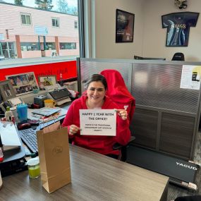 Today marks Carmen’s 1 year “Workaversary” with our office!

Thanks for all you do for our customers and the community! You are a rockstar!

P.S. Enjoy your piece of paper and a small shopping spree to your favorite place to shop (The Local) in Deer Park!
— celebrating an anniversary.