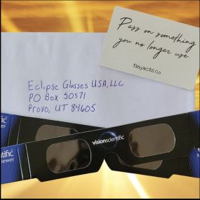 ass them on to Latin American children to enjoy the August 2024 Eclipse.
Ship before August 1st to
Eclipse Glasses USA, LLC
PO Box 50571
Provo, UT 84605