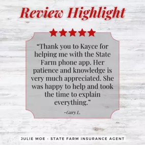 Julie Moe - State Farm Insurance Agent
Review highlight