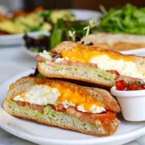 A panini with Tillamook cheese and egg whites and a side of pico de gallo