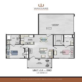 Unit C2 - End - Two bedroom two restroom apartment floor plan