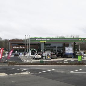 The exterior showing the forecourt and fuel of Welcome Break Newark, just off the A1.