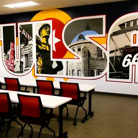 Interior of banking center depicting famous Tulsa scenery.