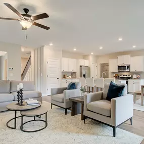 Open concept family room and kitchen in the DRB Homes Ridgewater community