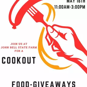 Join us for good food, great vibes, and giveaways!
Swing by the John Bell State Farm cookout on Friday, May 16th from 11AM–3PM at 8601 Brook Road, Glen Allen, VA ????