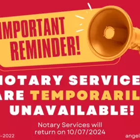 Please be advised that our Notary Services at Angel Lake State Farm will be temporarily unavailable from September 6th to October 7th. We appreciate your understanding and apologize for any inconvenience this may cause.