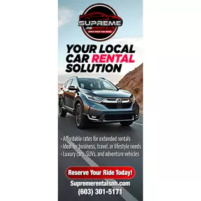 The Supreme Rentals flyer presents a bold and professional design featuring the company's sleek logo at the top. Below, the headline “YOUR LOCAL CAR RENTAL SOLUTION” stands out, with 