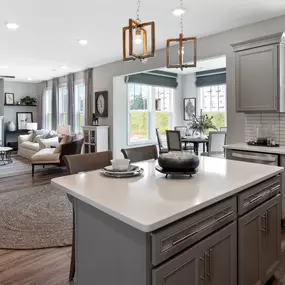 Kitchen with gray cabinets open concept layout to the family room with sitting area and fireplace in DRB Homes Bellewood Forest community