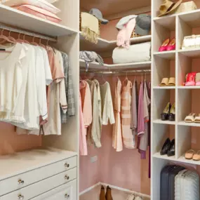 Walk-in Wardrobe in Sherbourne White with shelving and drawers