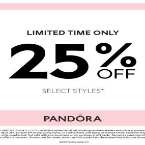 ????✨ Exciting News from Belle Jewelers! ✨????

Get ready to dazzle because PANDORA jewelry is here with a fabulous promotion! Enjoy a sparkling 25% off select PANDORA jewelry styles from March 21st to March 30th, 2024. But hurry, this offer is only valid while supplies last!