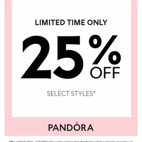 ????✨ Exciting News from Belle Jewelers! ✨????

Get ready to dazzle because PANDORA jewelry is here with a fabulous promotion! Enjoy a sparkling 25% off select PANDORA jewelry styles from March 21st to March 30th, 2024. But hurry, this offer is only valid while supplies last!