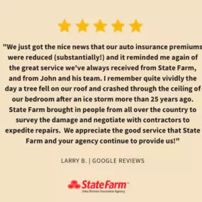 Hi, Larry! Thank you for sharing your experience and for your continued faith in our office over the years. We're glad to hear that our service has consistently met your expectations. It's moments like the ice storm incident that reminds us why we strive to provide prompt and effective support. Your kind words about our team and the service we provided during that challenging time are greatly appreciated. If you ever need anything or have any questions, please don't hesitate to reach out.