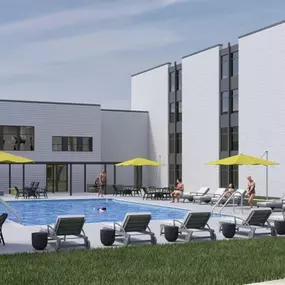 a rendering of the pool area of a building with chairs and umbrellas