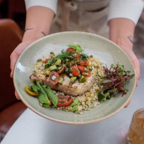 GRILLED SWORDFISH | Israeli couscous, tomato-caper salsa