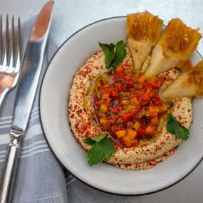 ARTICHOKE HUMMUS | crispy artichoke hearts, pepperonata